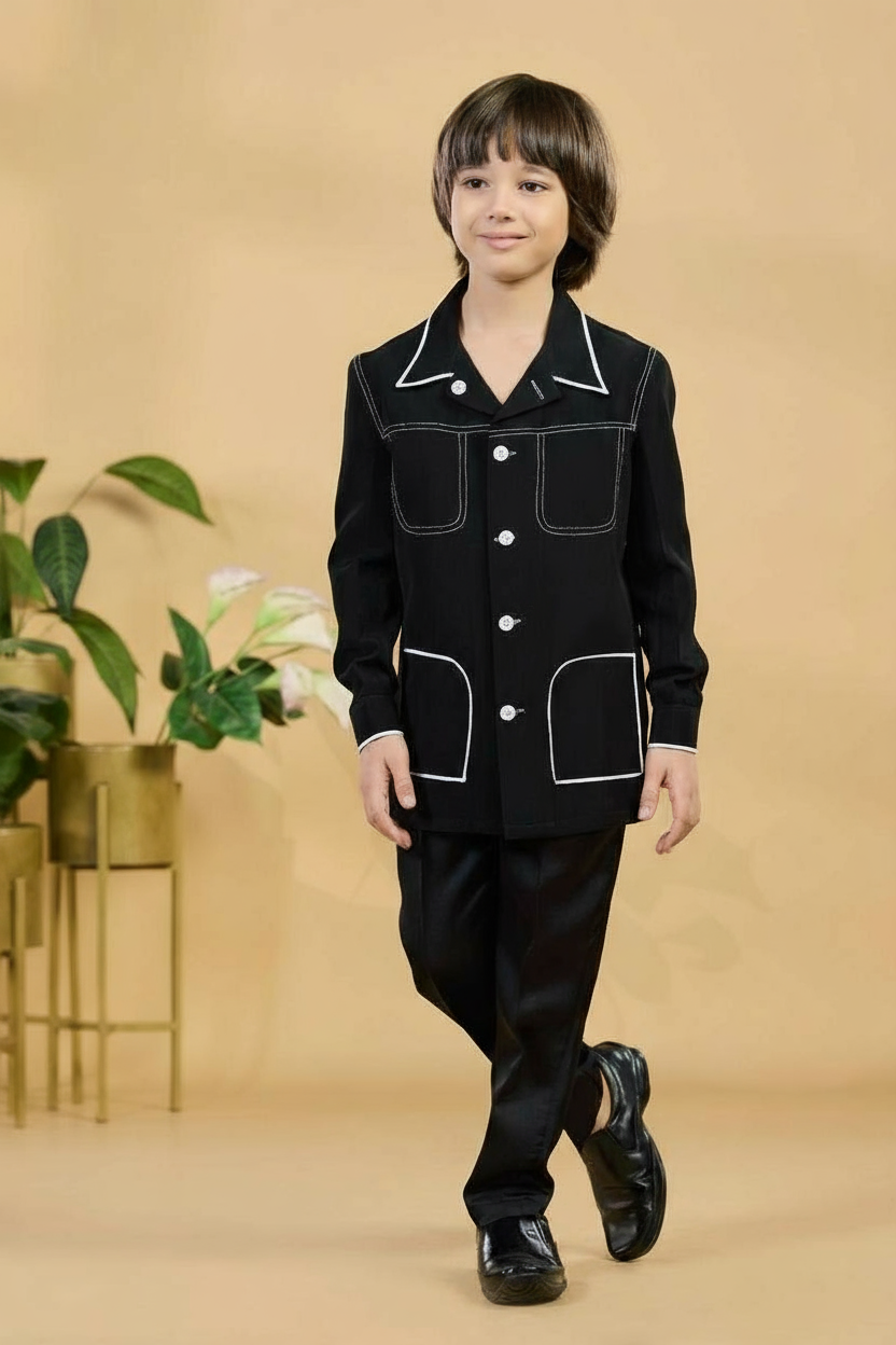 Black Contrast Stitch Shirt Set