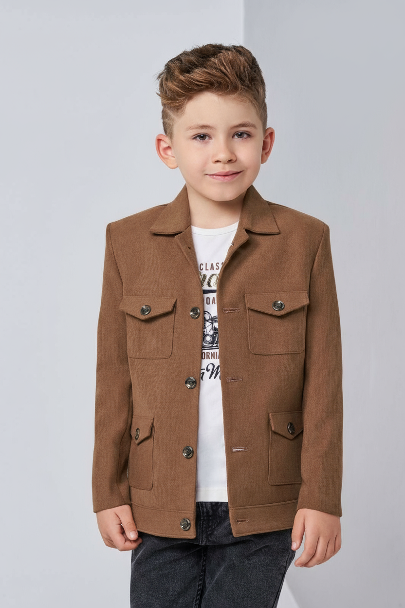 Coffee Brown Shirt and Jacket Set for Boys