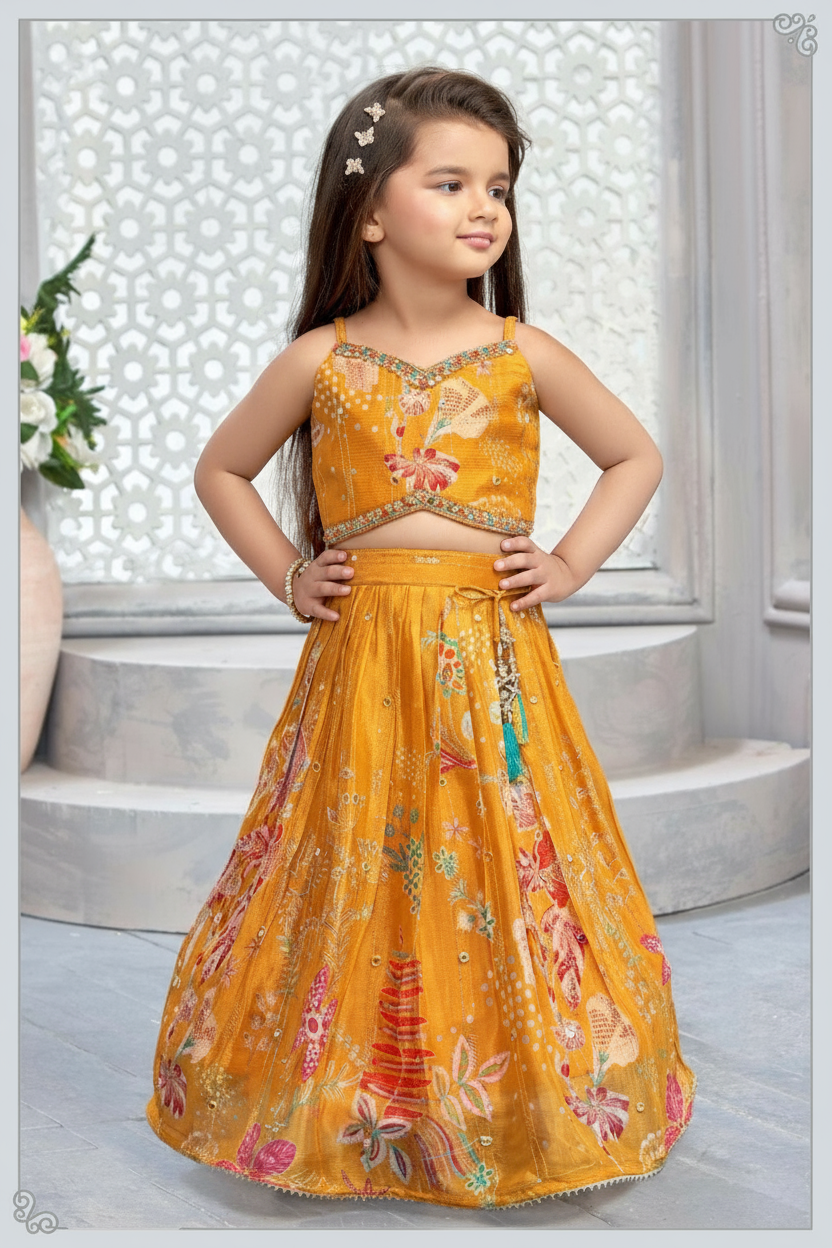 Mustard Yellow Printed Lehenga with Embroidered Blouse