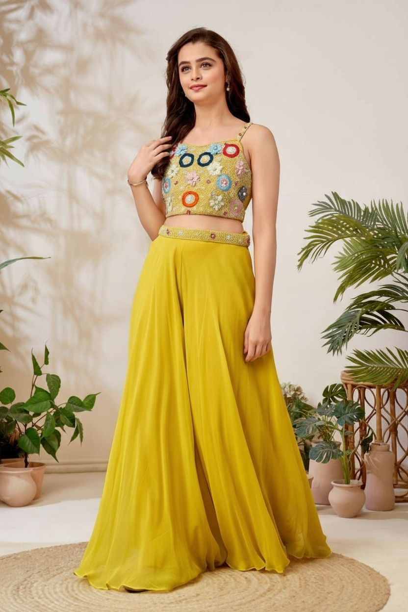 Girls Yellow Embellished Palazzo Set
