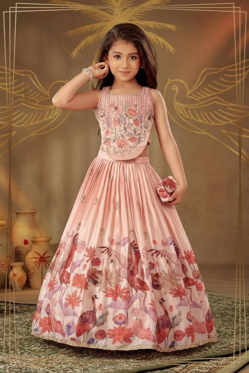 Blush Pink Embroidered Peplum Top & Printed Lehenga Set