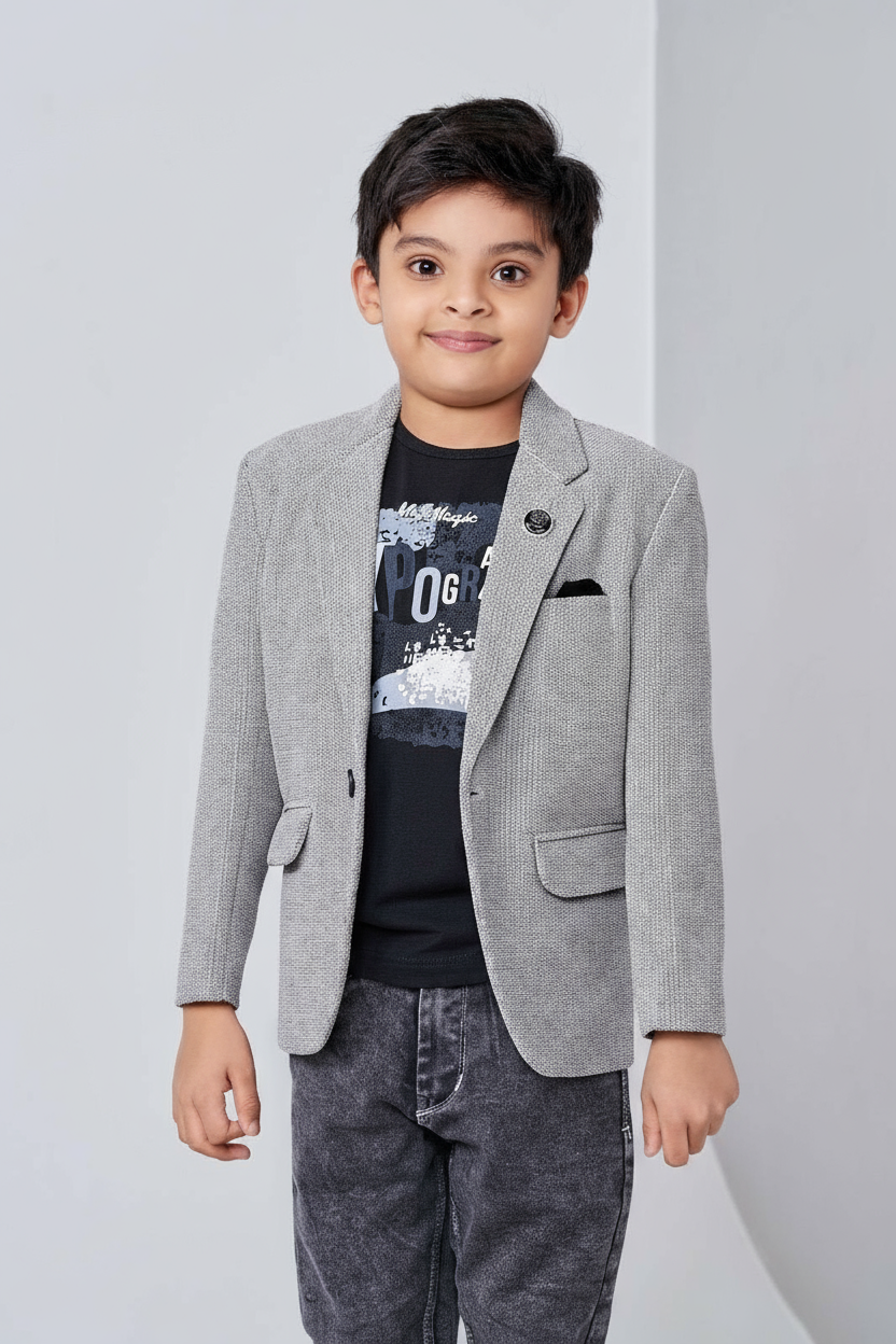Grey Textured Blazer Set for Boys