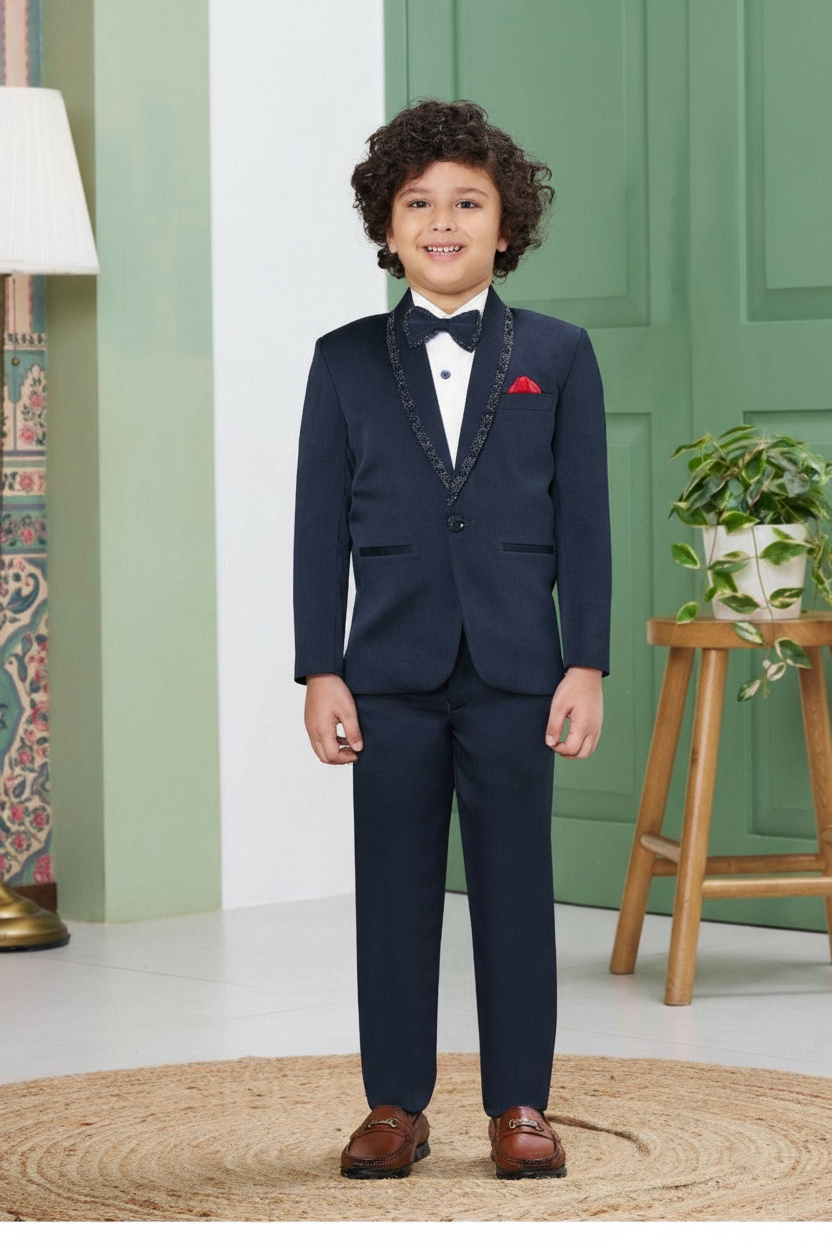 Boys Navy Blue Tuxedo Suit Set with Embellished Lapel and Red Pocket Square