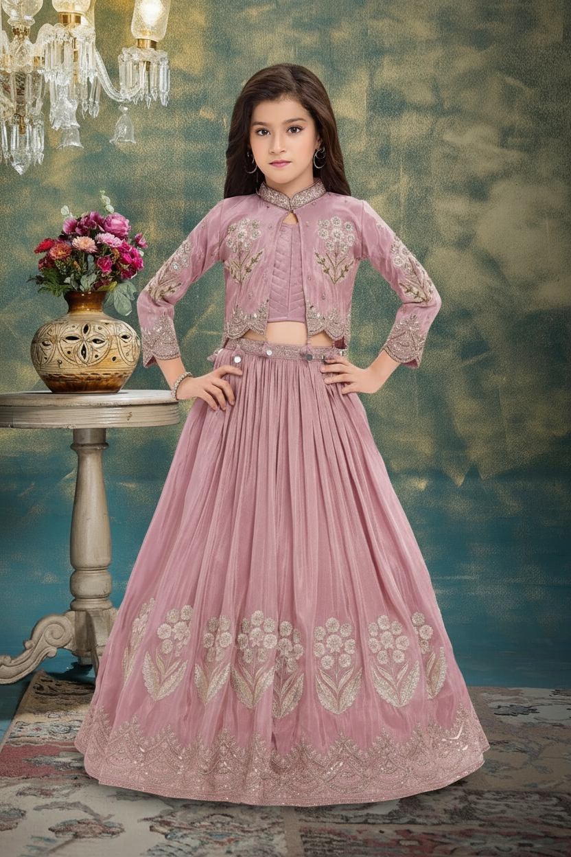 Dusty Pink Jacket Style Lehenga Set with Embroidery
