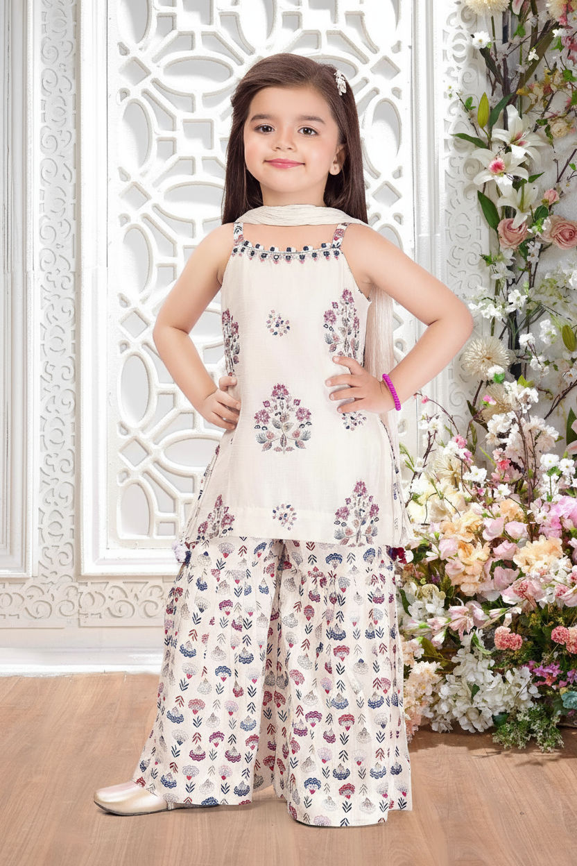 Girls White Floral Print Palazzo Set
