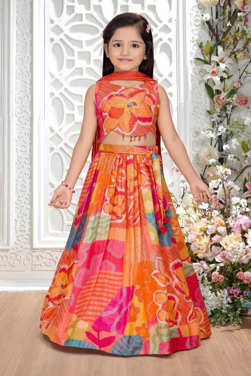 Orange Printed Lehenga Set for Girls