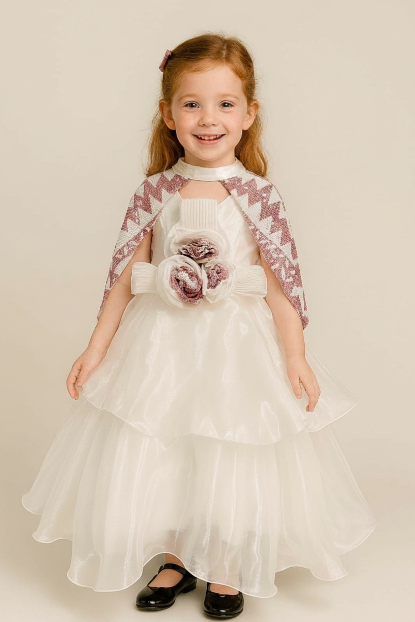 Ivory Layered Gown with Pink Sequin Cape