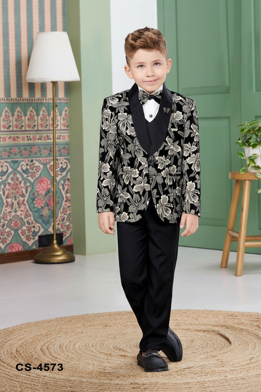 Black Tuxedo Set with Golden Floral Embroidery for Boys