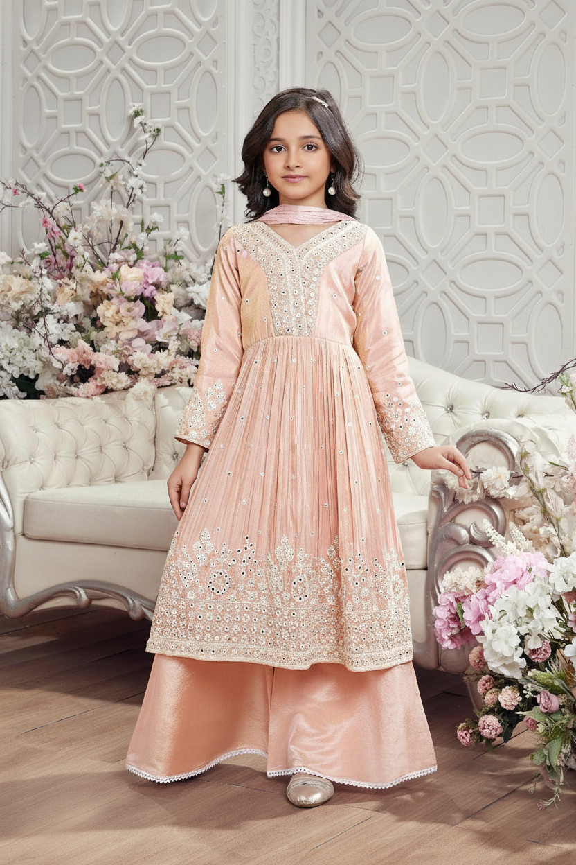 Peach Mirror Work Mid- Length Anarkali Set for Girls
