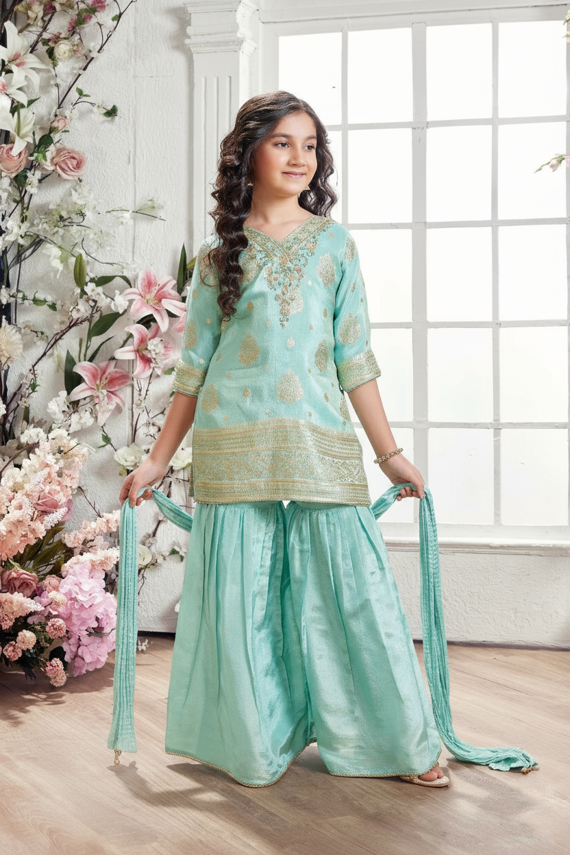 Aqua Zari Work Sharara Set for Girls