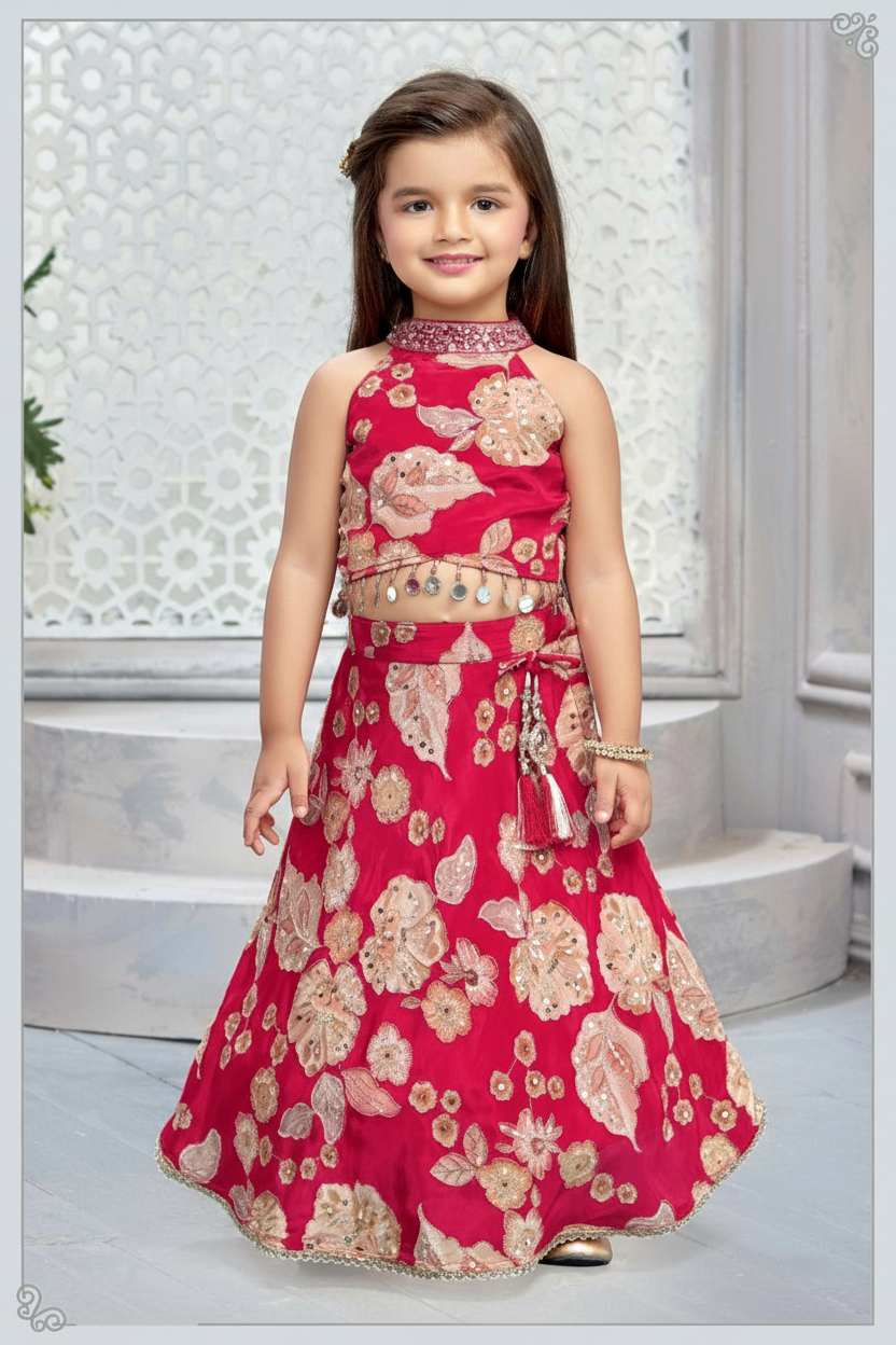 Bright Red Floral Embroidered Lehenga Set