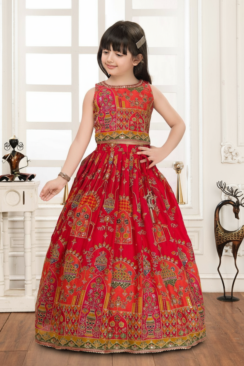 Red Printed Lehenga Set for Girls