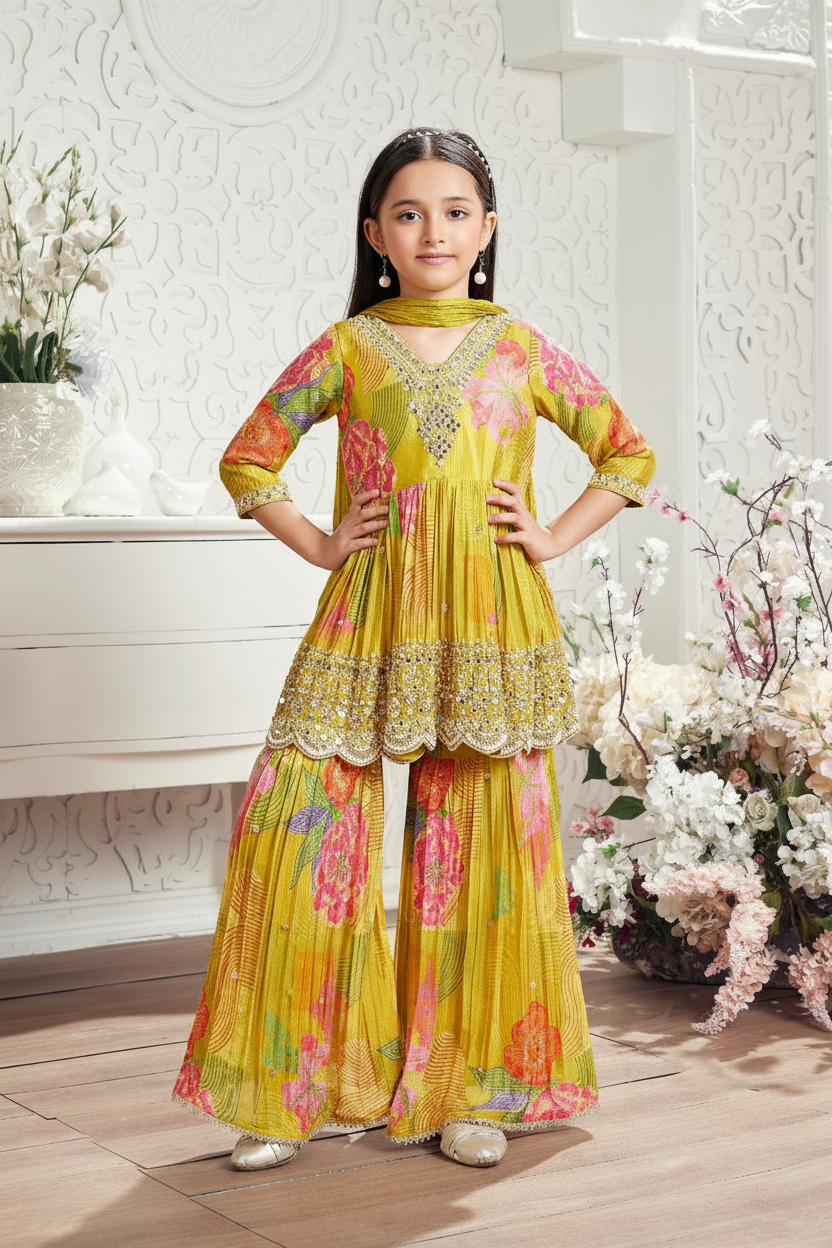 Mustard Floral Mirror Work Sharara Set for Girls
