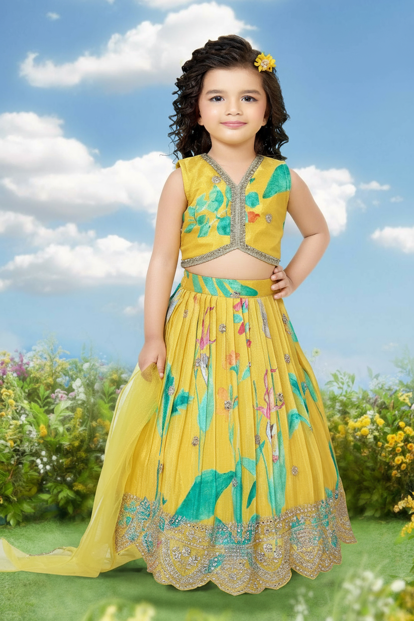 Mustard Yellow Floral Lehenga Set for Girls