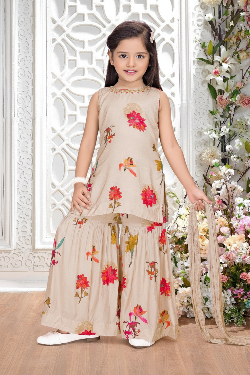 Cream Floral Print Sharara Set for Girls