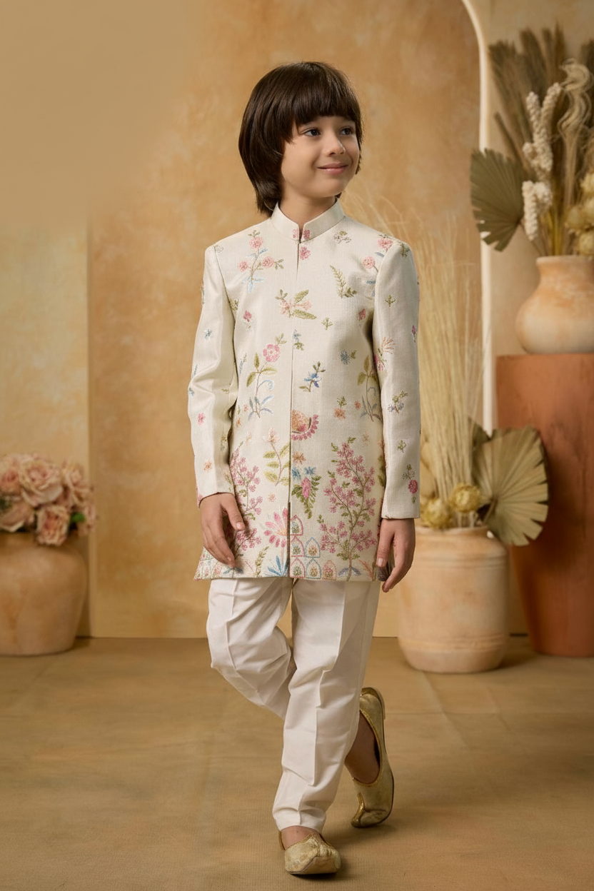 Ivory Embroidered Sherwani Set for Boys