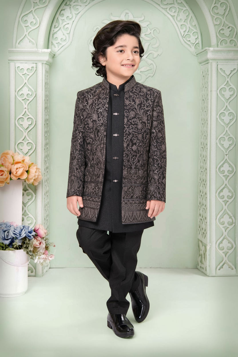 Black Jacquard Sherwani Set for Boys