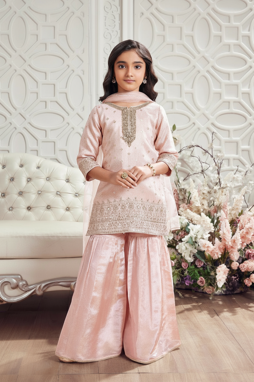 Blush Pink Zari Embroidered Sharara Set for Girls