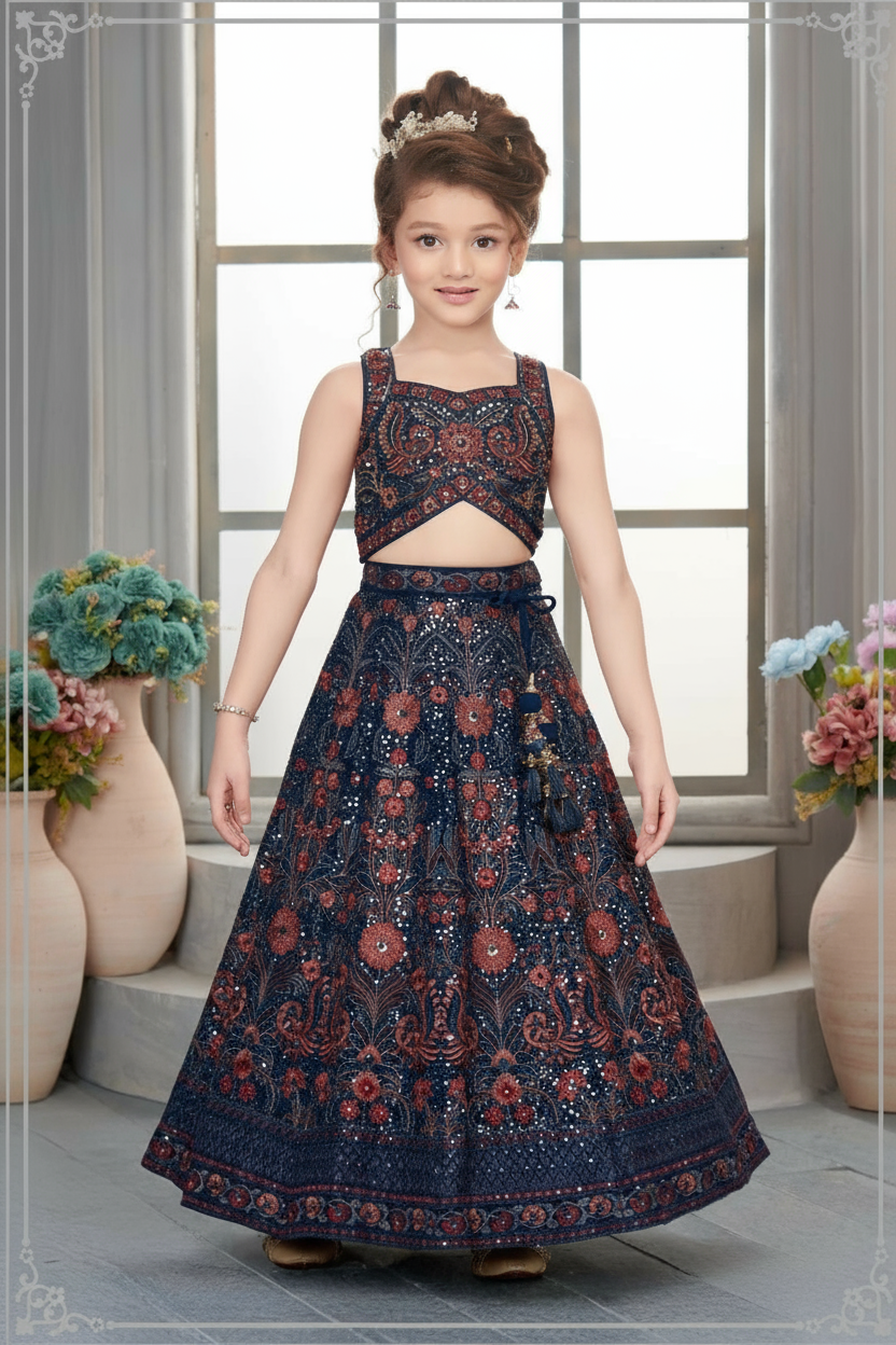 Navy Blue Embroidered Lehenga Set for Girls