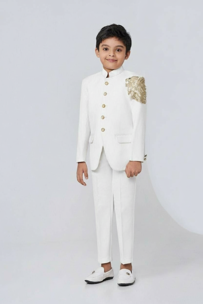 White Jodhpuri Suit with Gold Shoulder Embellishment