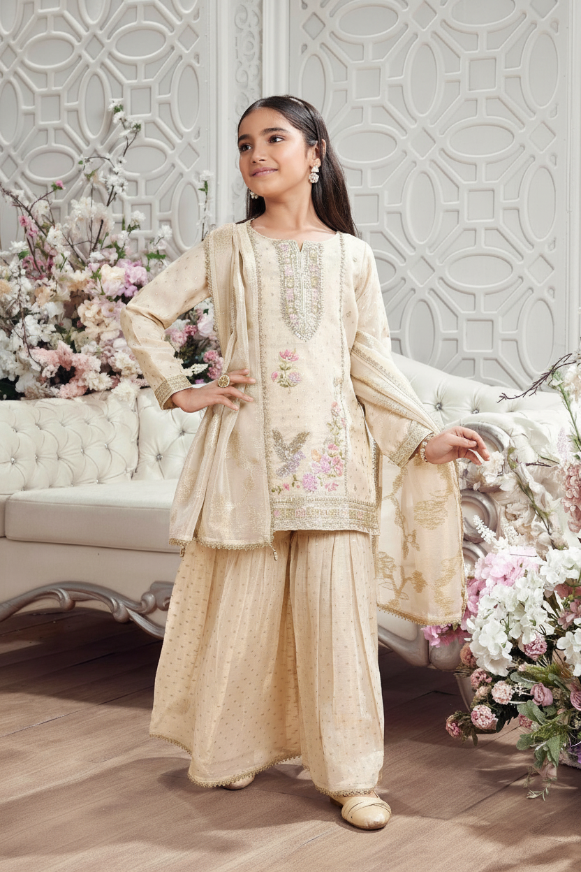 Fawn Thread & Mirror Work Sharara Set for Girls