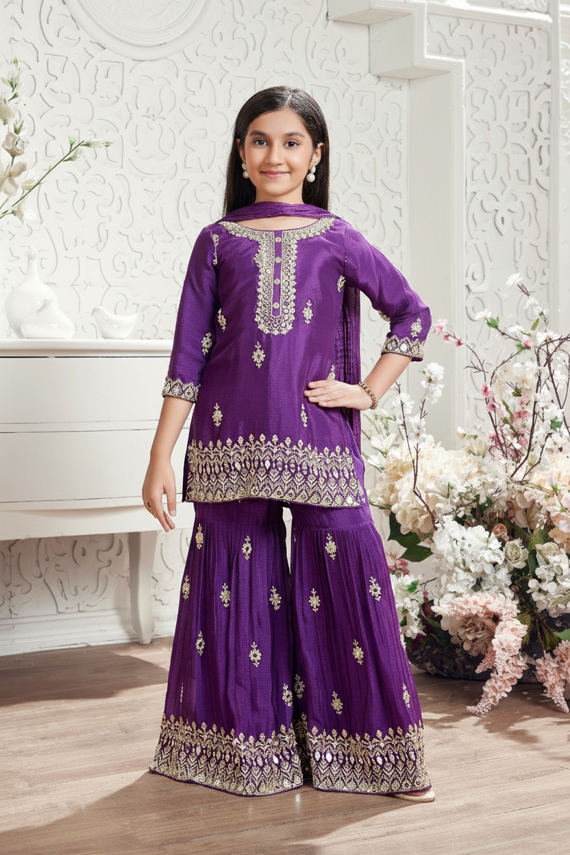 Purple Embroidered Kurta with Sharara Pants