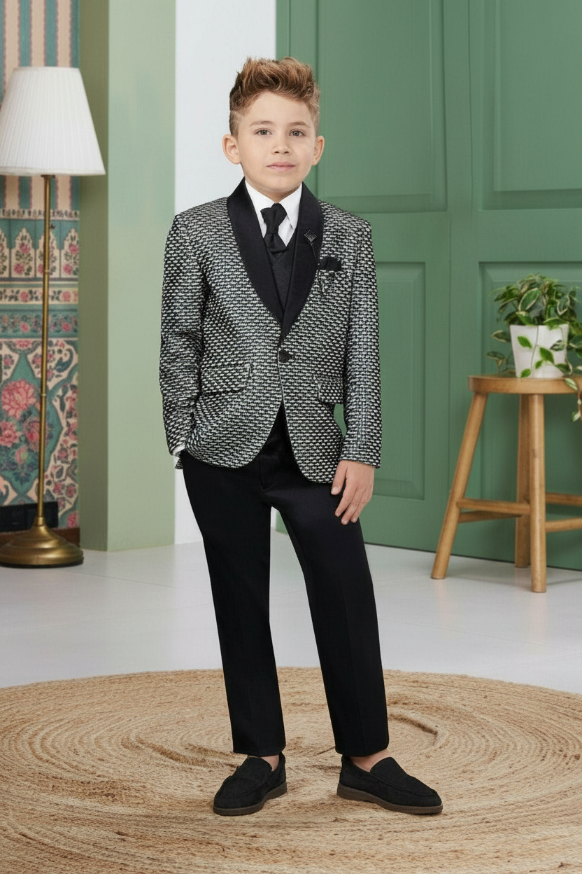 Black & Silver Textured Tuxedo Suit