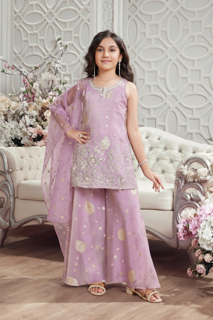 Lilac Embroidered Kurta with Palazzo Pants