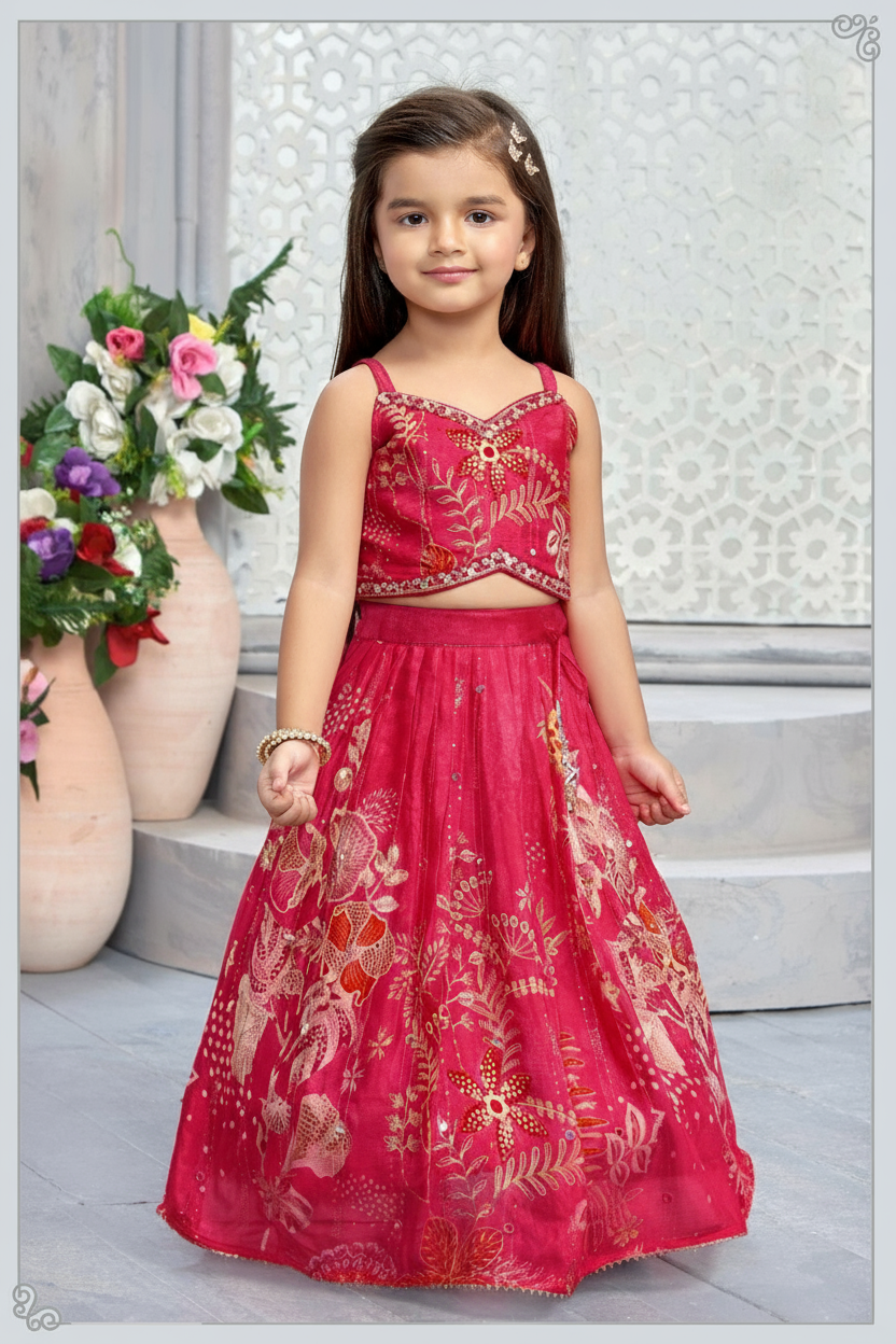 Tomato Red Printed Lehenga with Embroidered Blouse