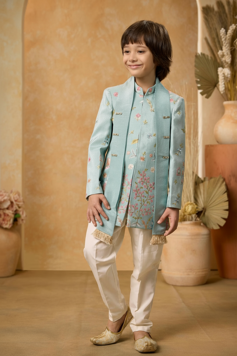 Aqua Blue Embroidered Sherwani Set for Boys
