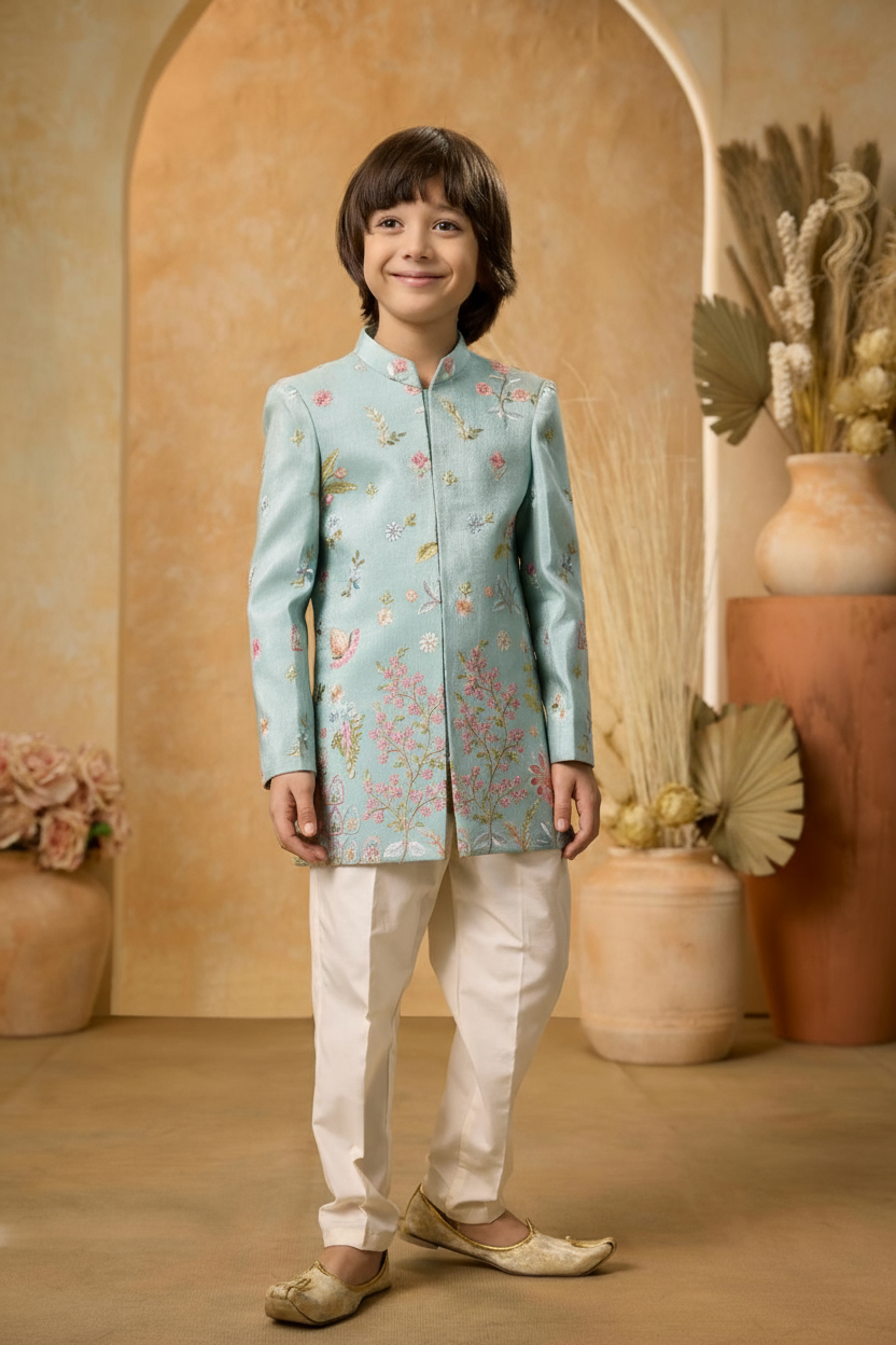 Aqua Blue Embroidered Sherwani Set for Boys
