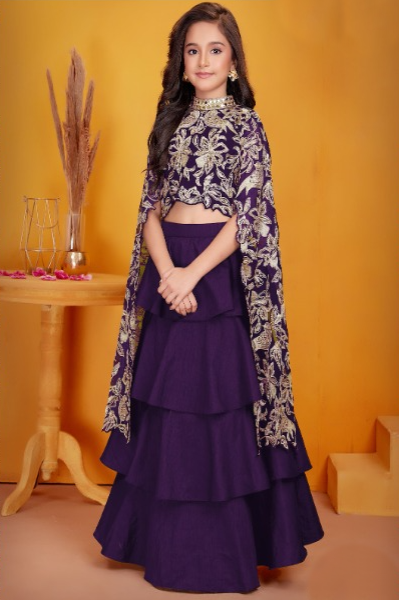 Midnight Purple Embroidered Cape Lehenga Set - Mokshaa
