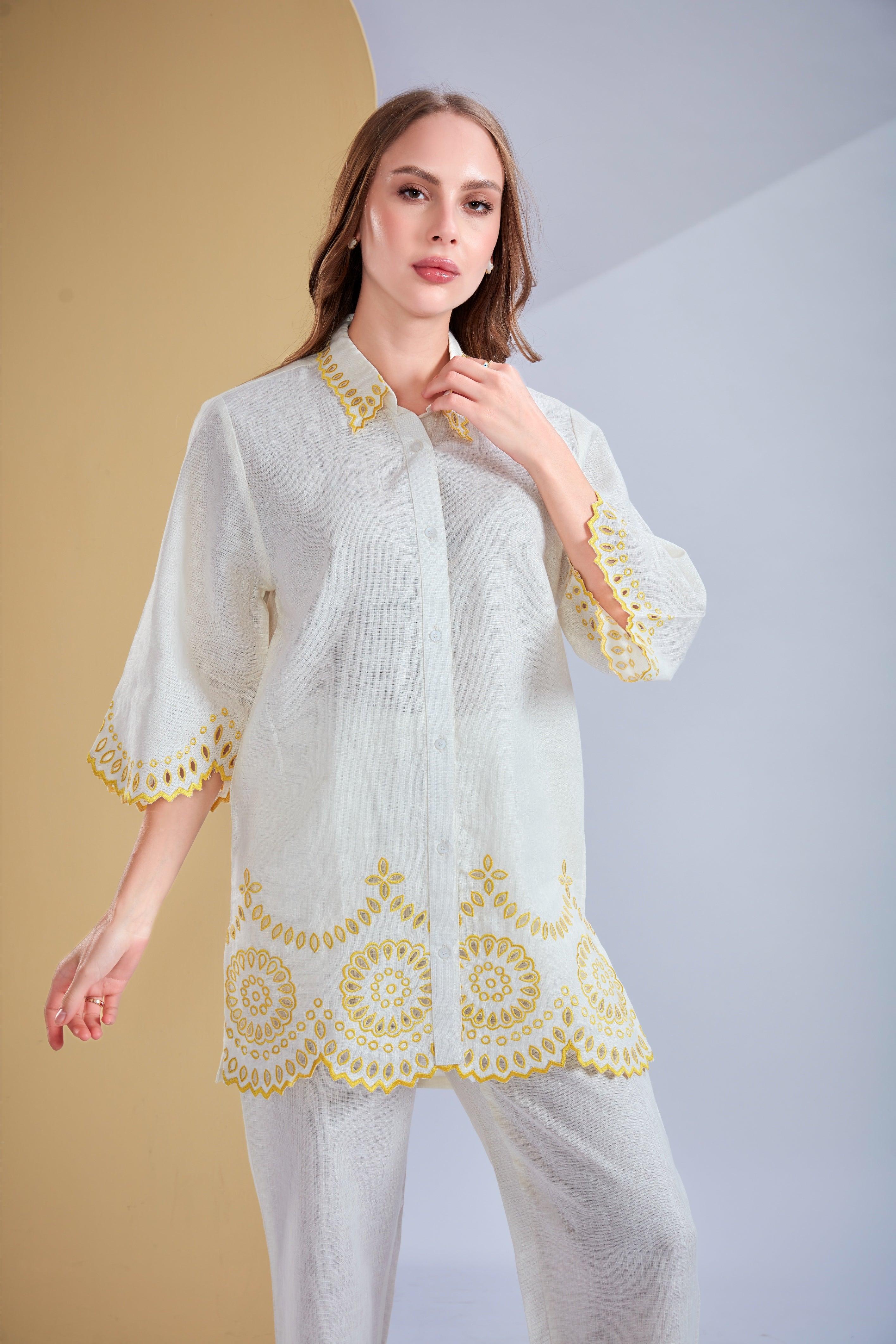 White Linen Co-ord Set with Yellow Cutwork Embroidery.