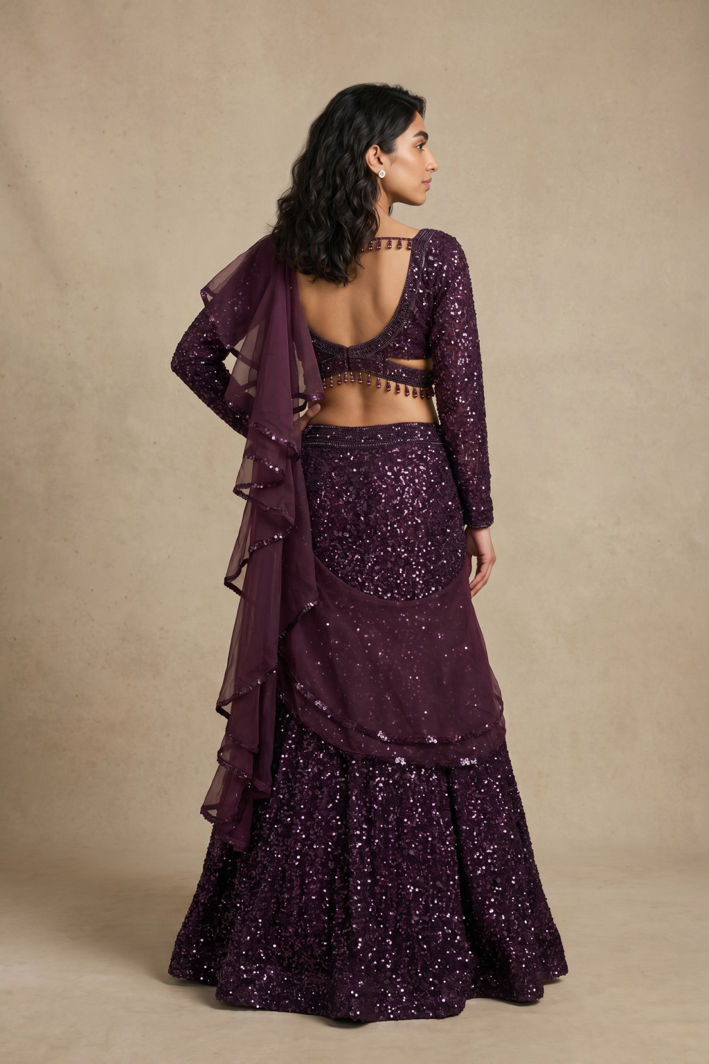 Wine Sequin Fish-Cut Lehenga