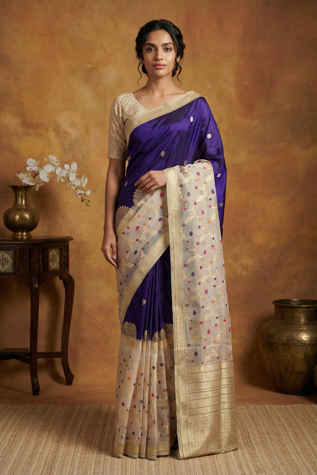 Ink Blue Banarasi Organza Saree with Meenakari Border