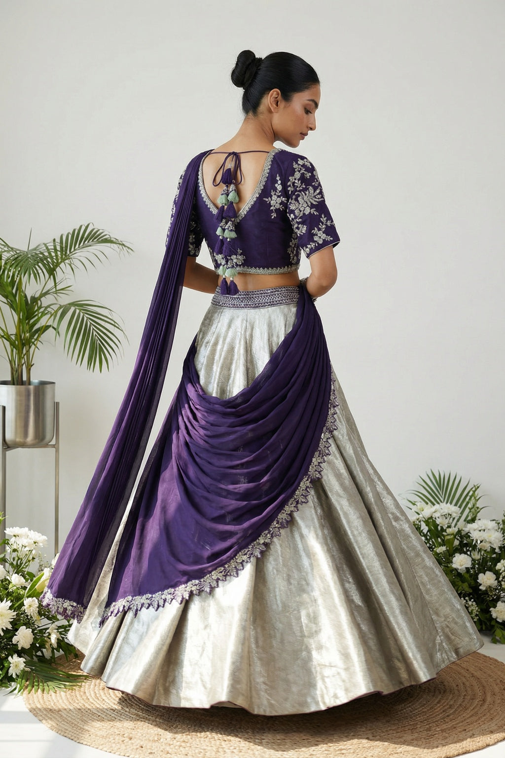 Silver & Purple Draped Banarasi Lehenga Set