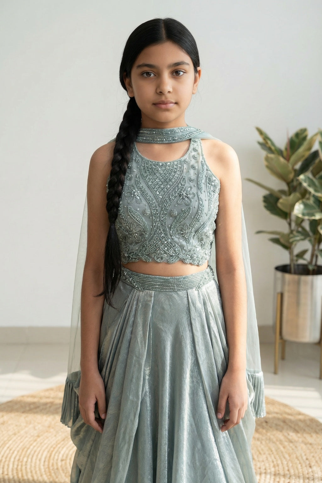 Frost Blue Embroidered Crop Top & Draped Lehenga Set for Girls - Mokshaa