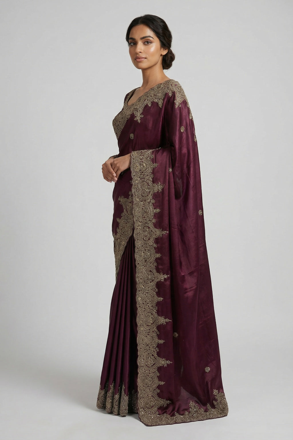 Wine Satin Saree with Zardosi Butta Body & Heavy Zardosi Border - Mokshaa