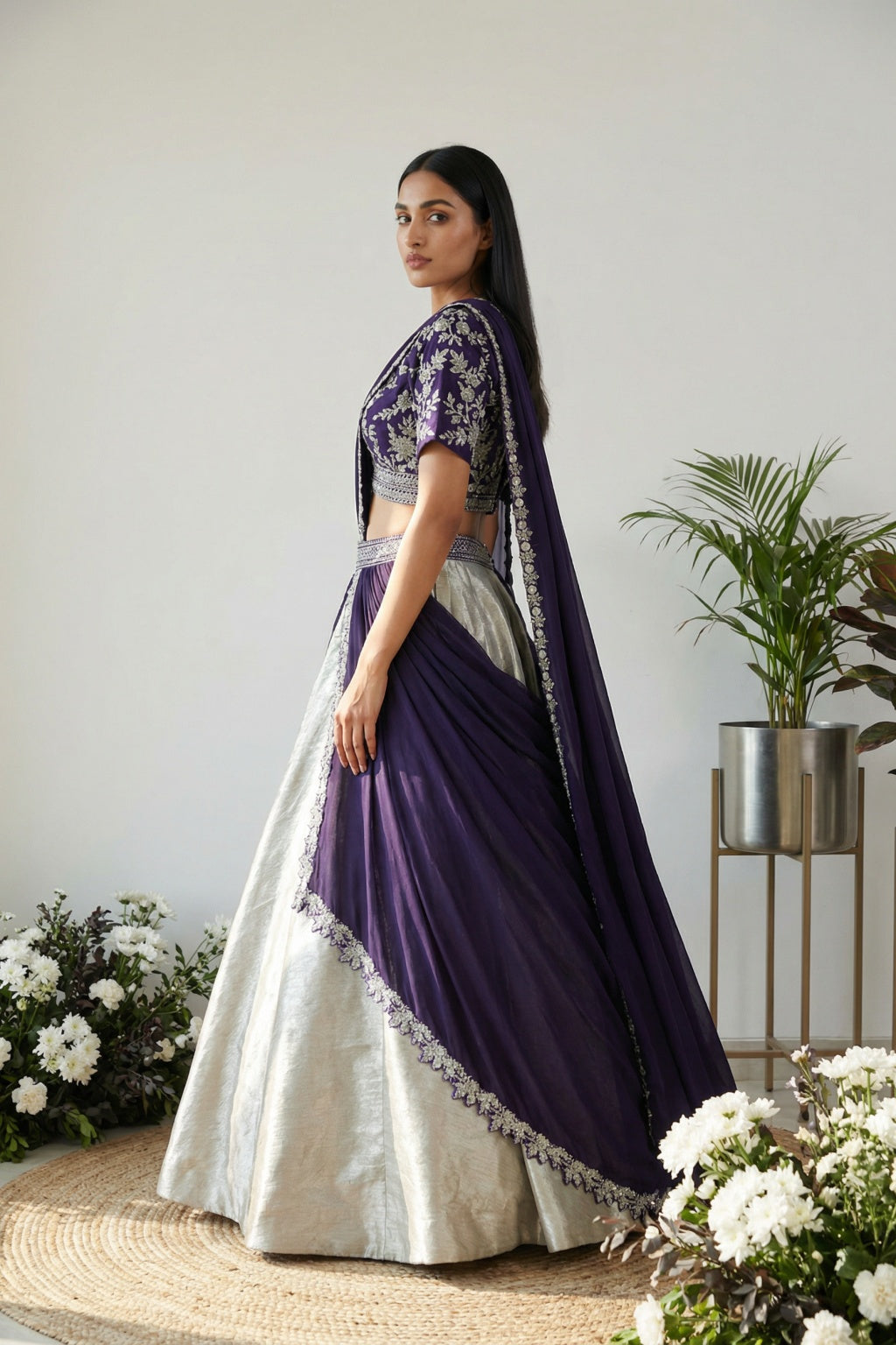 Silver & Purple Draped Banarasi Lehenga Set