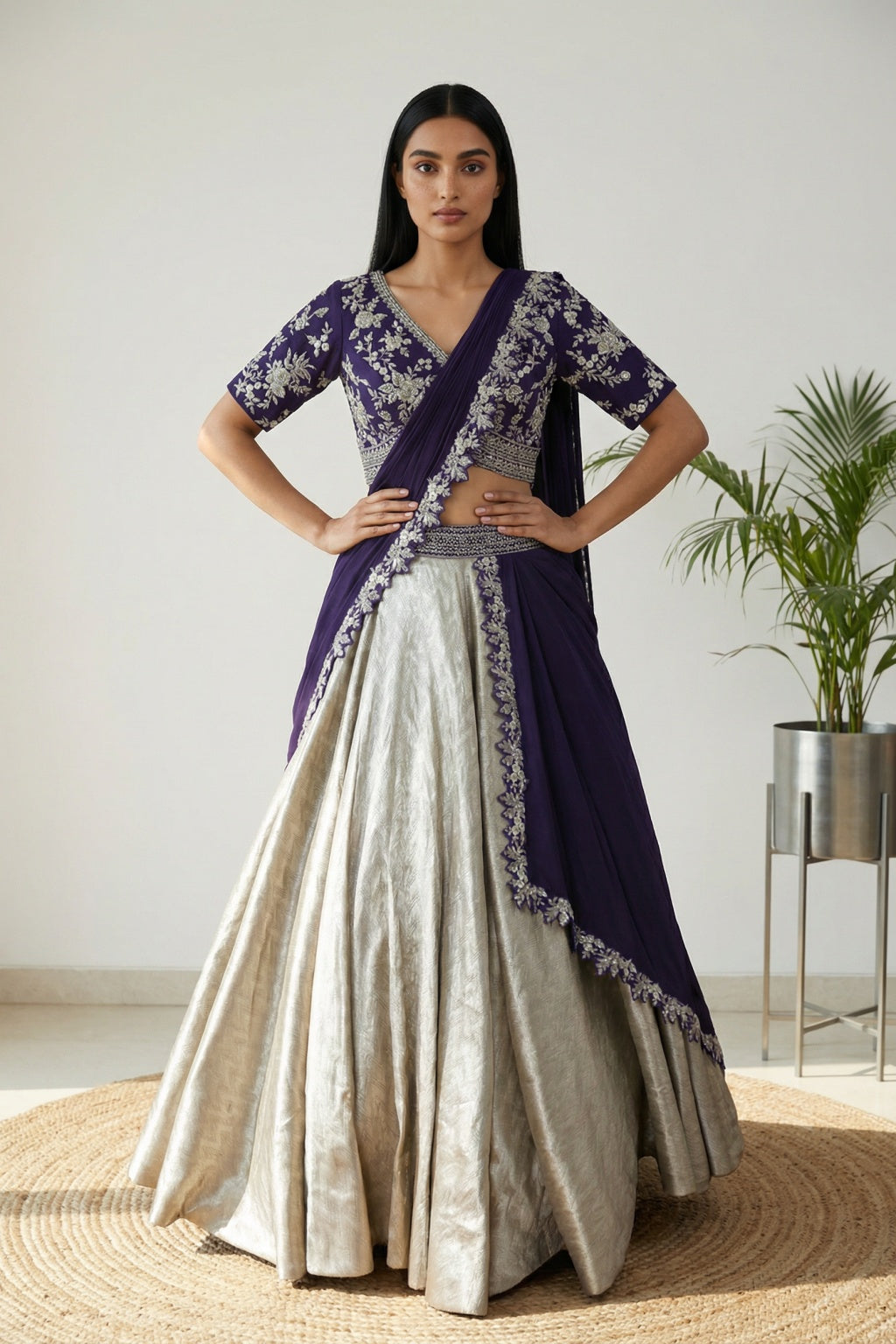 Silver & Purple Draped Banarasi Lehenga Set