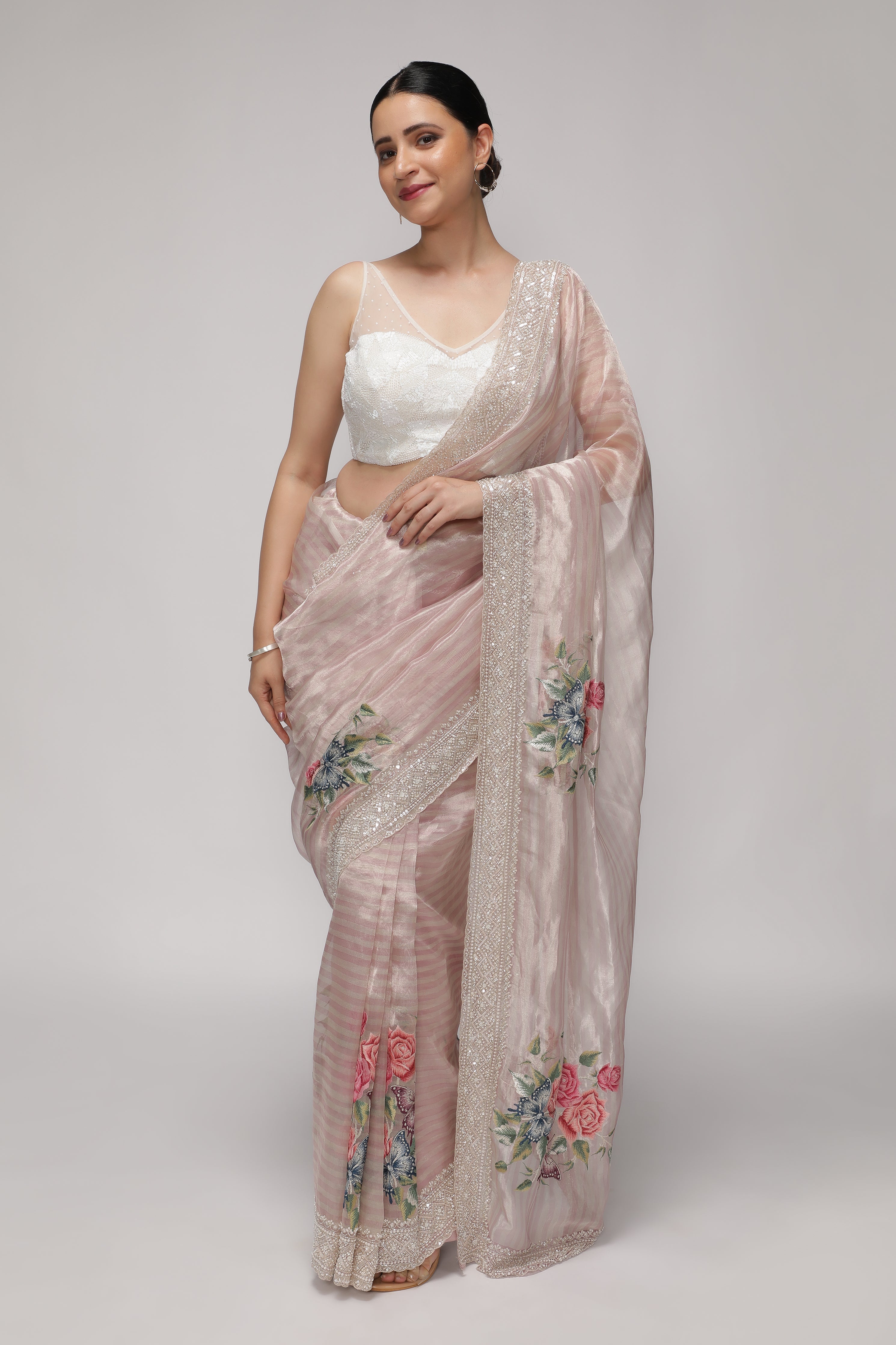 Shaded Peach Tissue Saree with Multithread Embroidery and Sequins Border