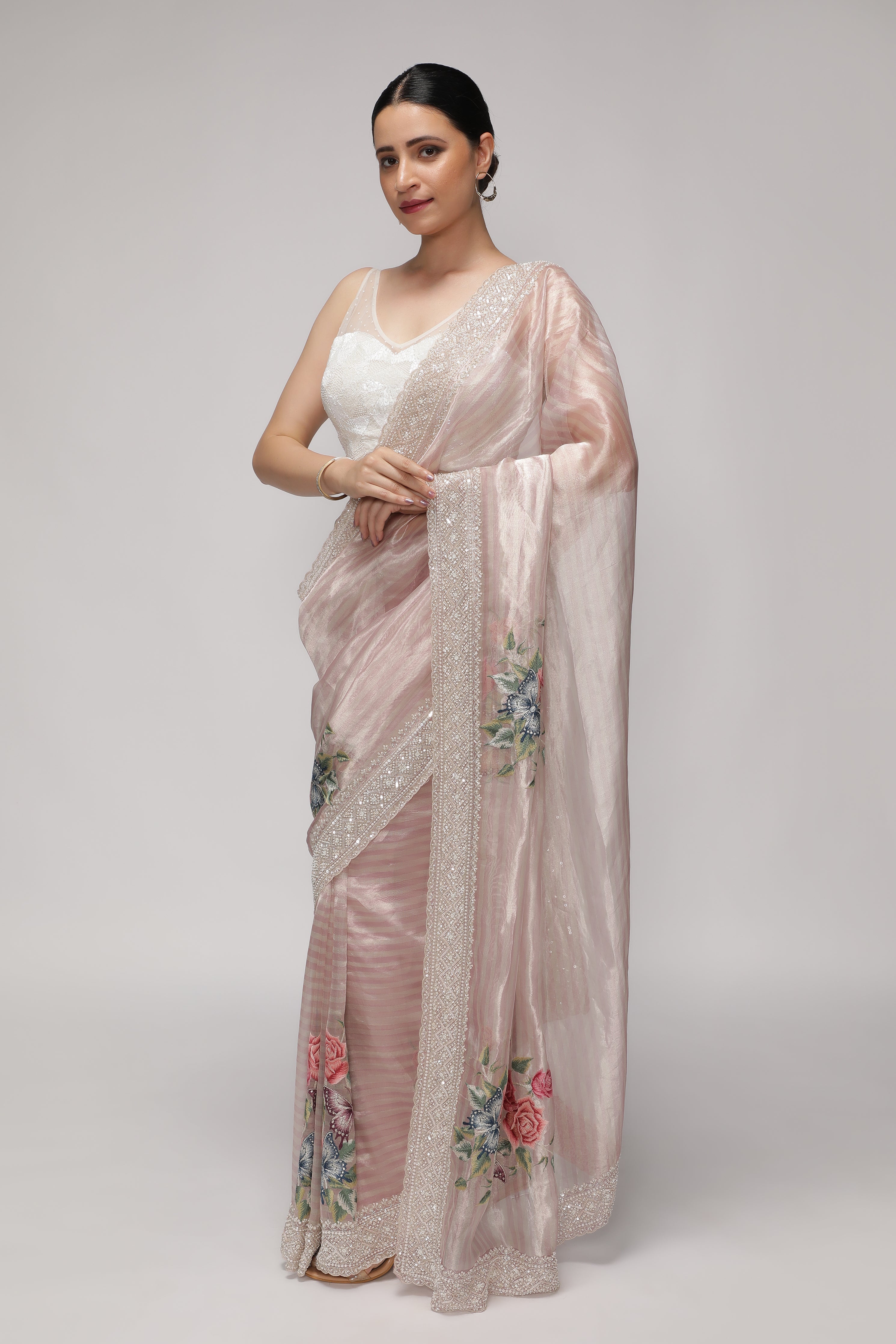 Shaded Peach Tissue Saree with Multithread Embroidery and Sequins Border