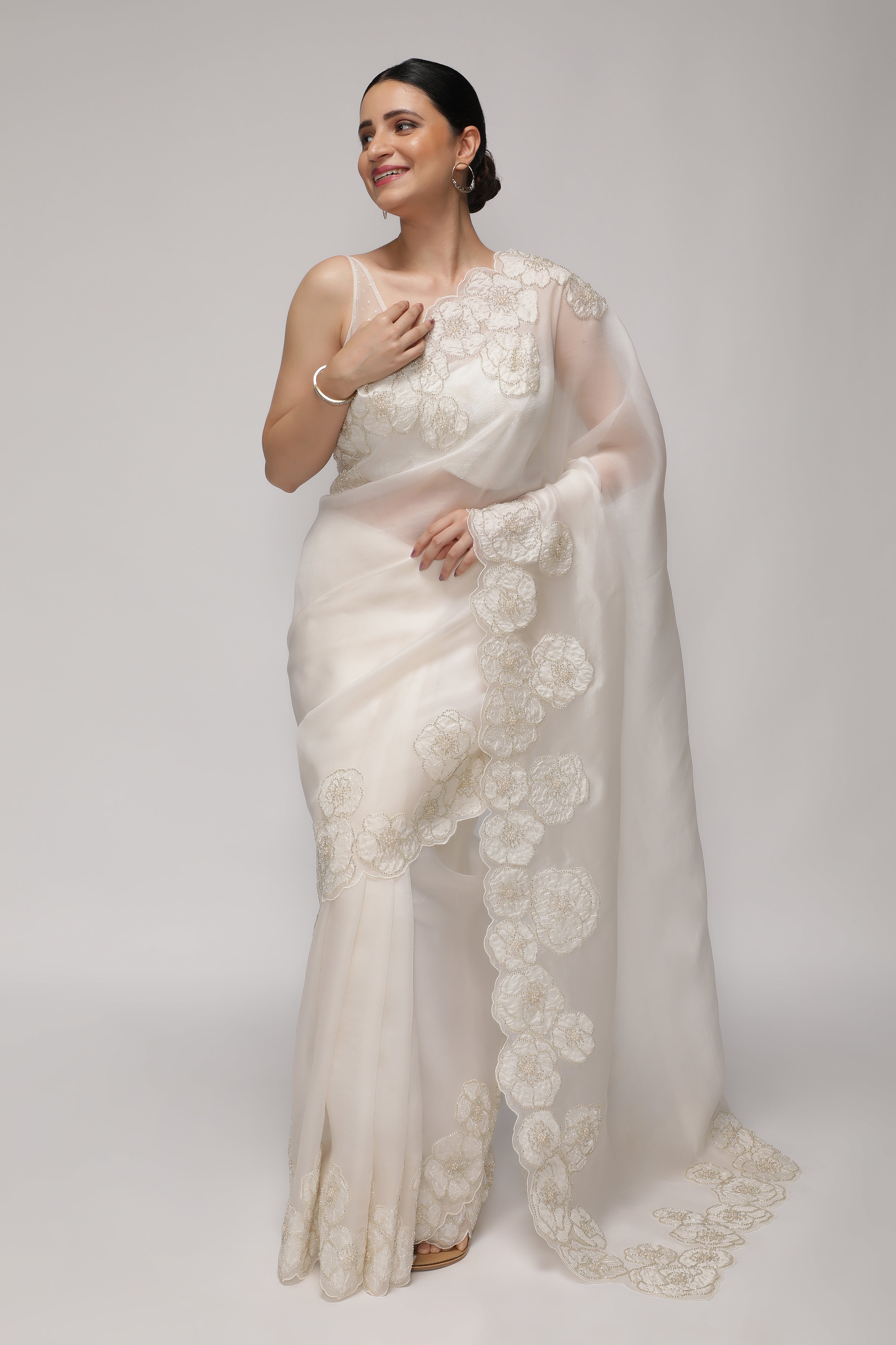 White Organza Saree with Floral Appliqué & Pearl-Embellished Border