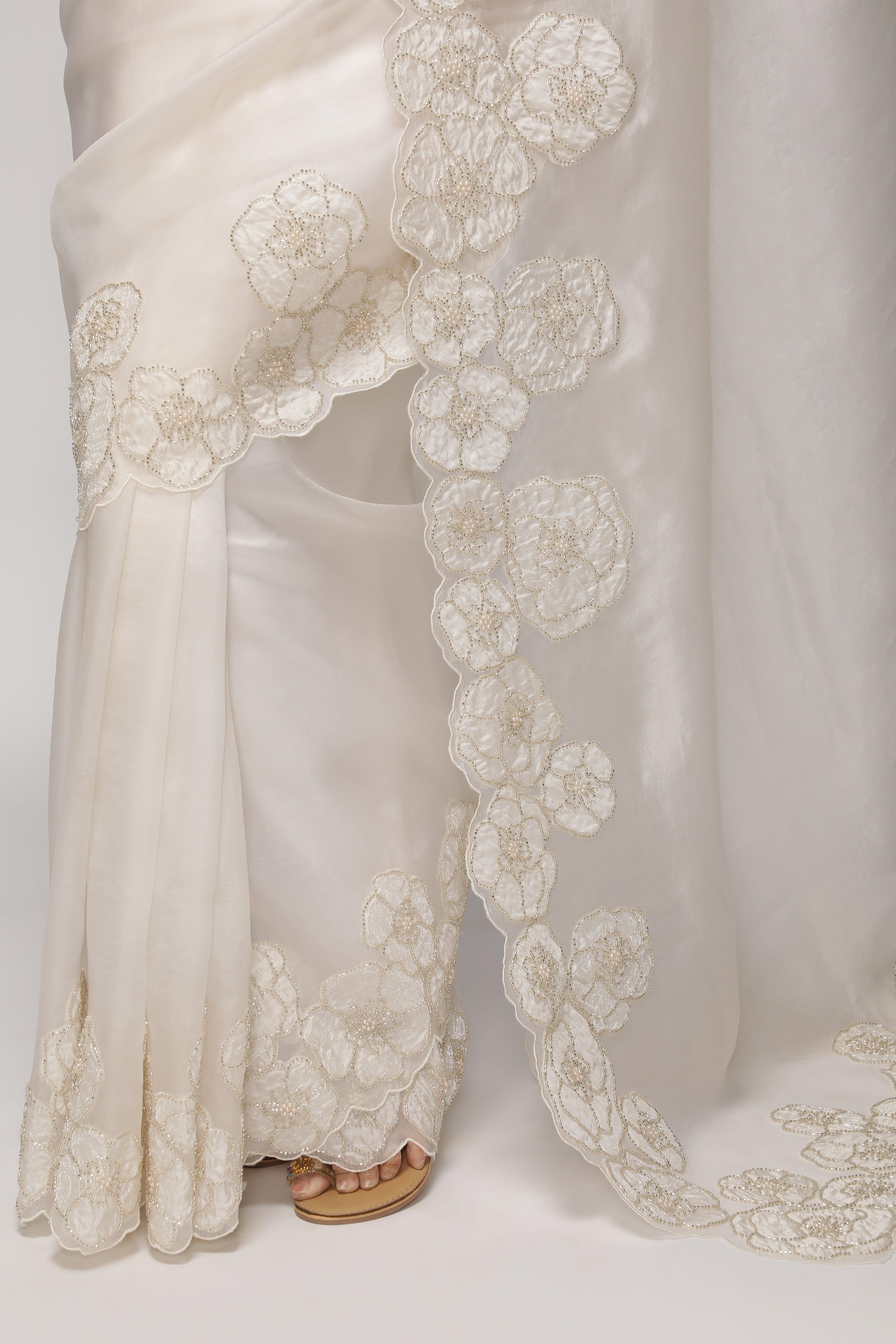 White Organza Saree with Floral Appliqué & Pearl-Embellished Border