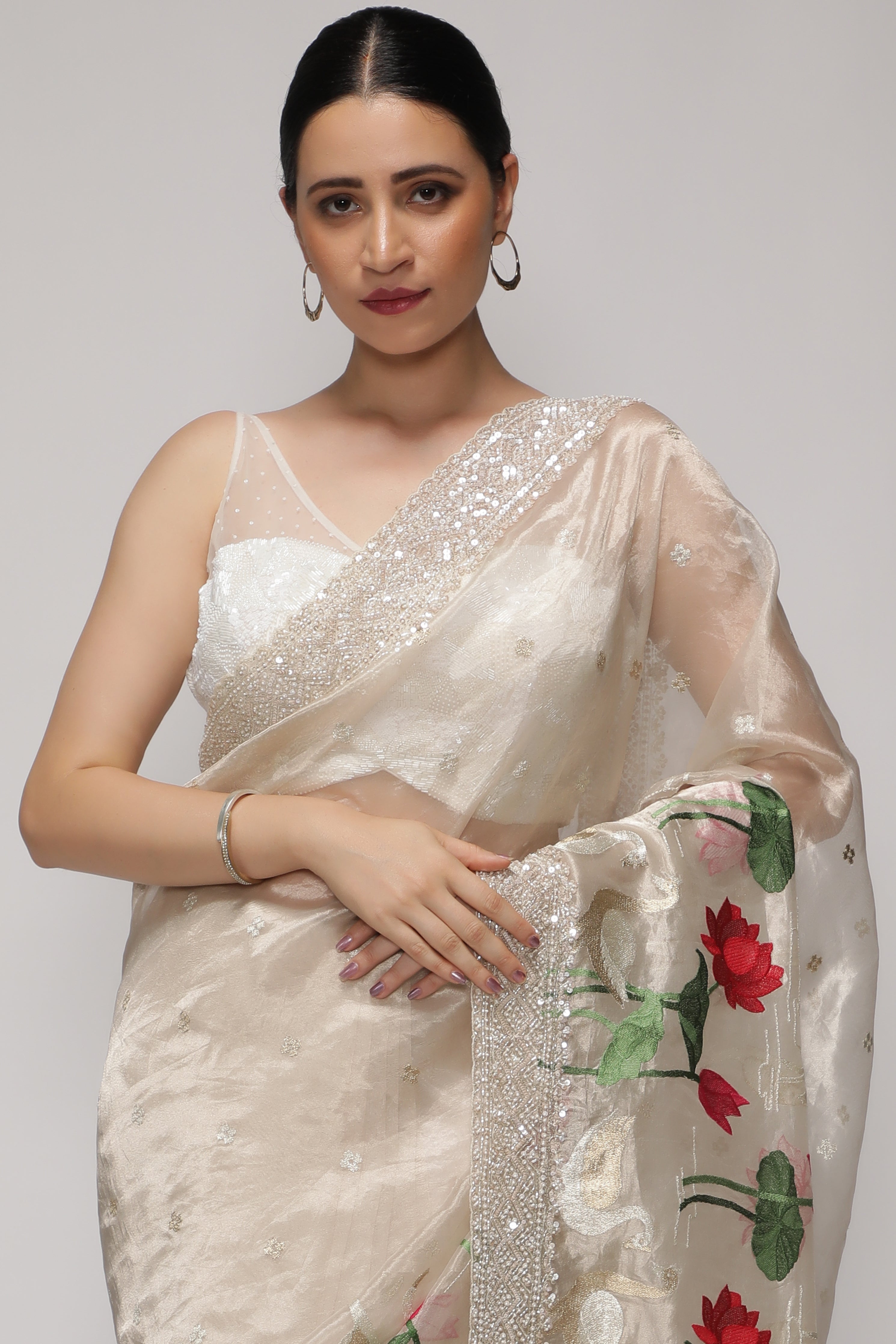 Silver Tissue Saree with All-Over Zari, Embroidery & Sequins Pearl Border