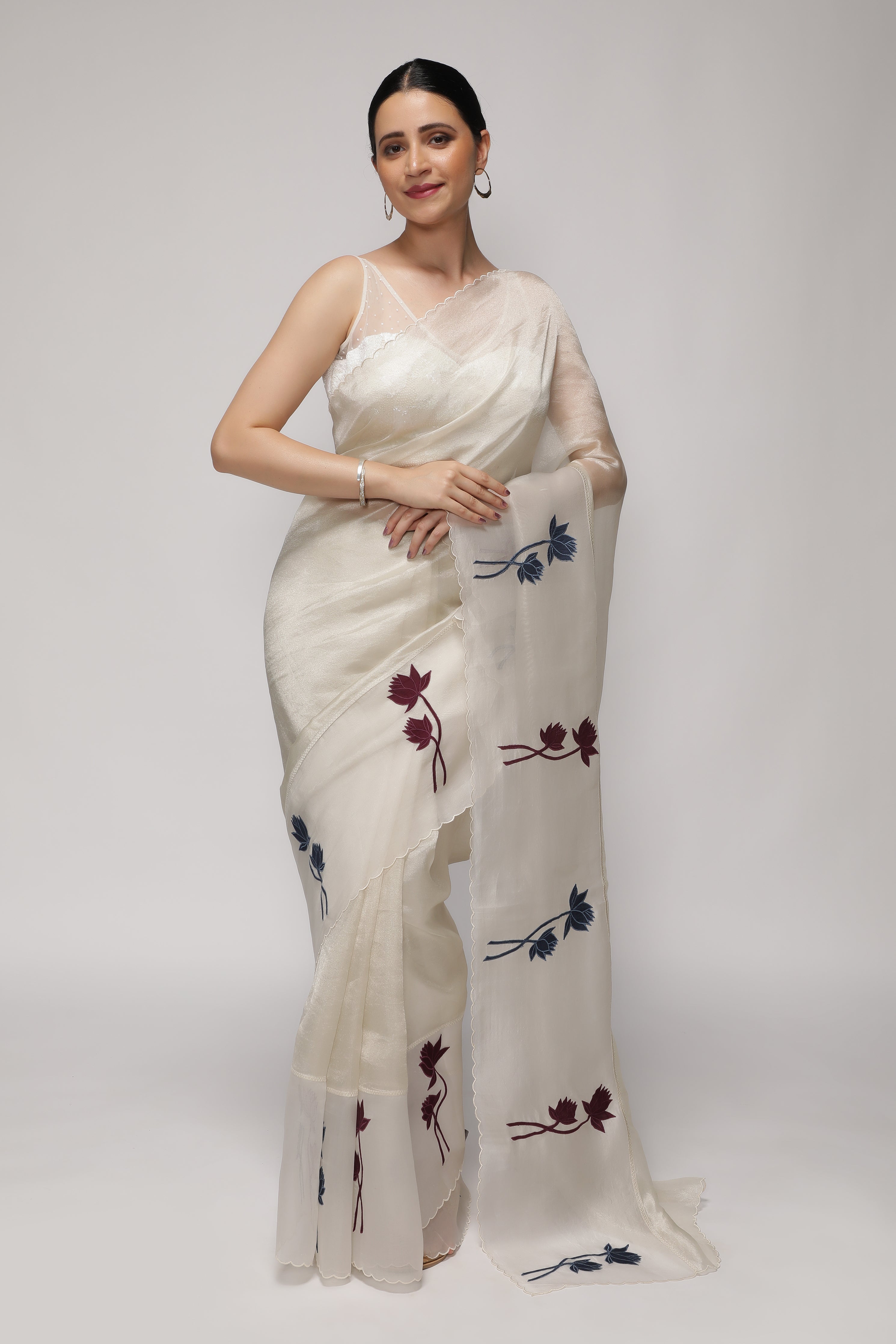 Silver White Tissue Saree with Multicolor Floral Appliqué Kora Border