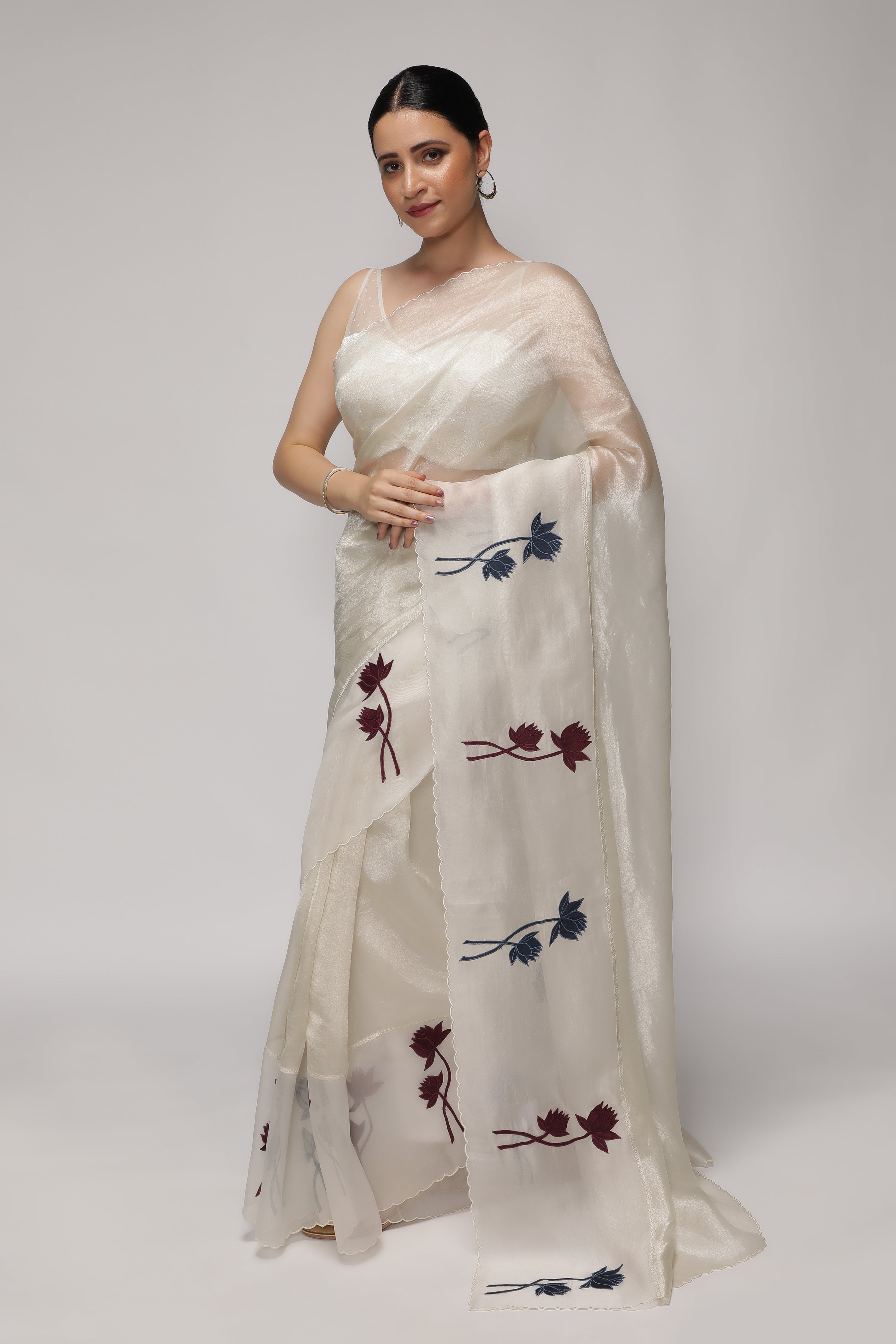 Silver White Tissue Saree with Multicolor Floral Appliqué Kora Border