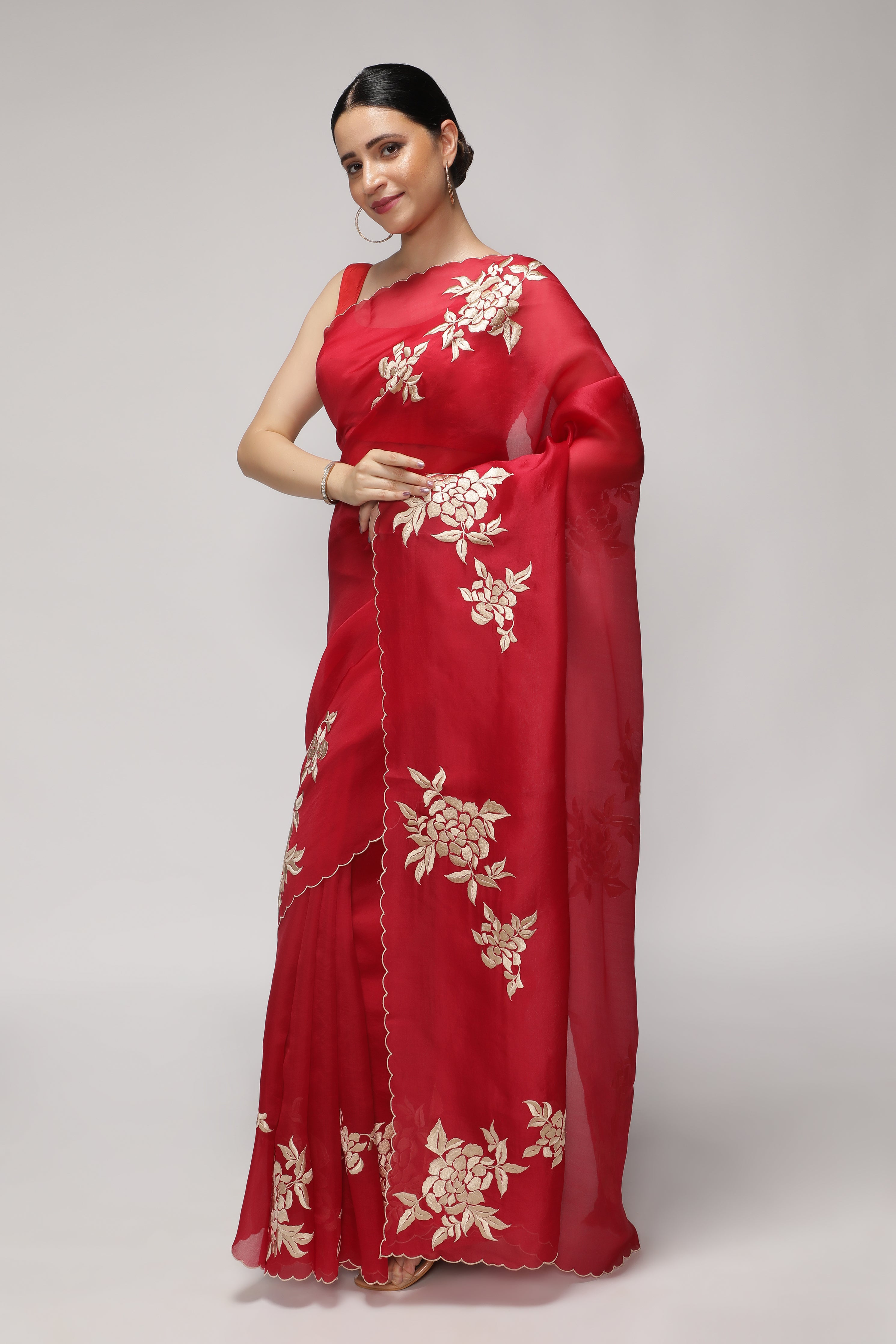 Red Organza Saree with All-Over Floral Thread Work Motifs