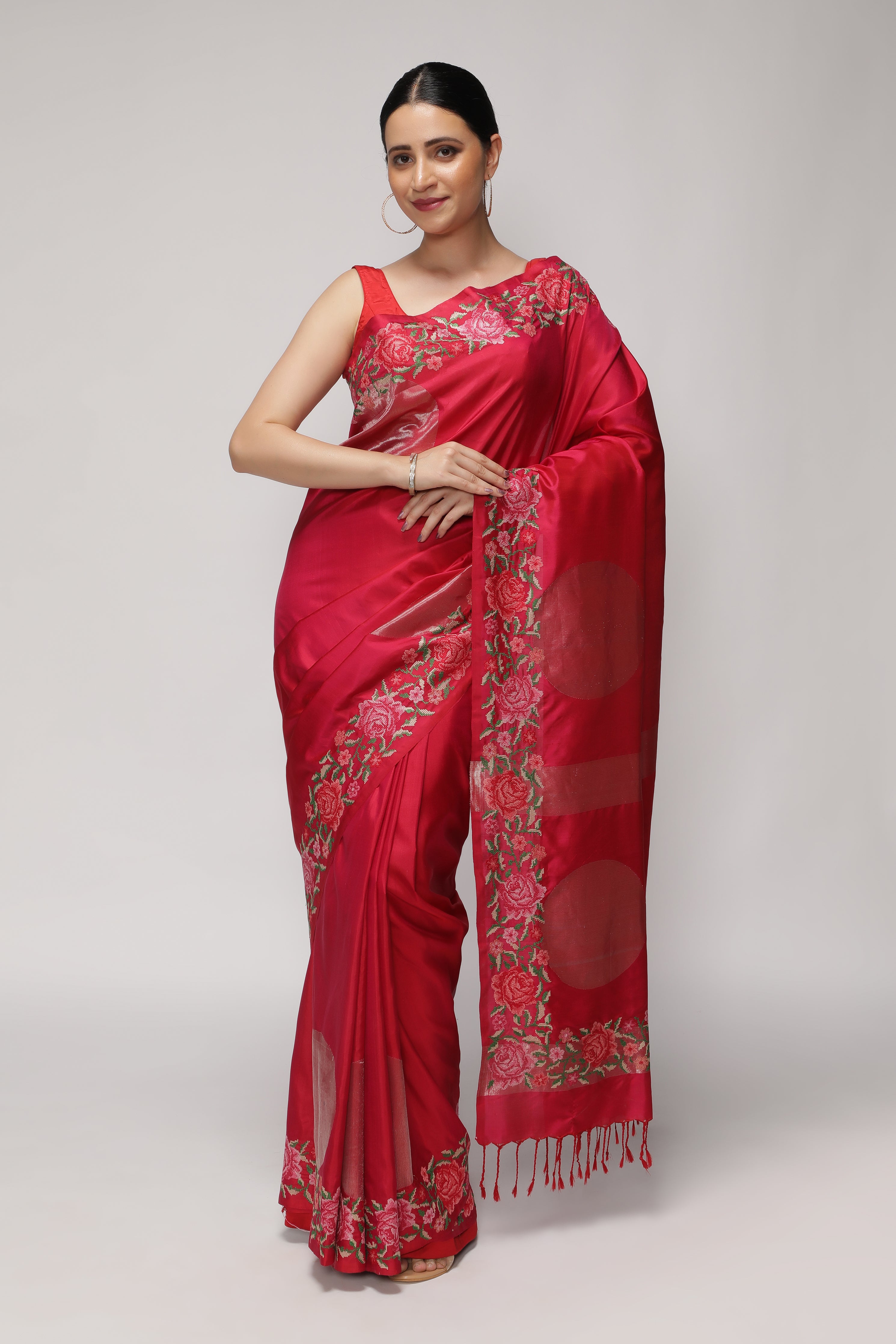 Coral Pink Soft Silk Saree with Zari Circle Weave & Embroidered Border