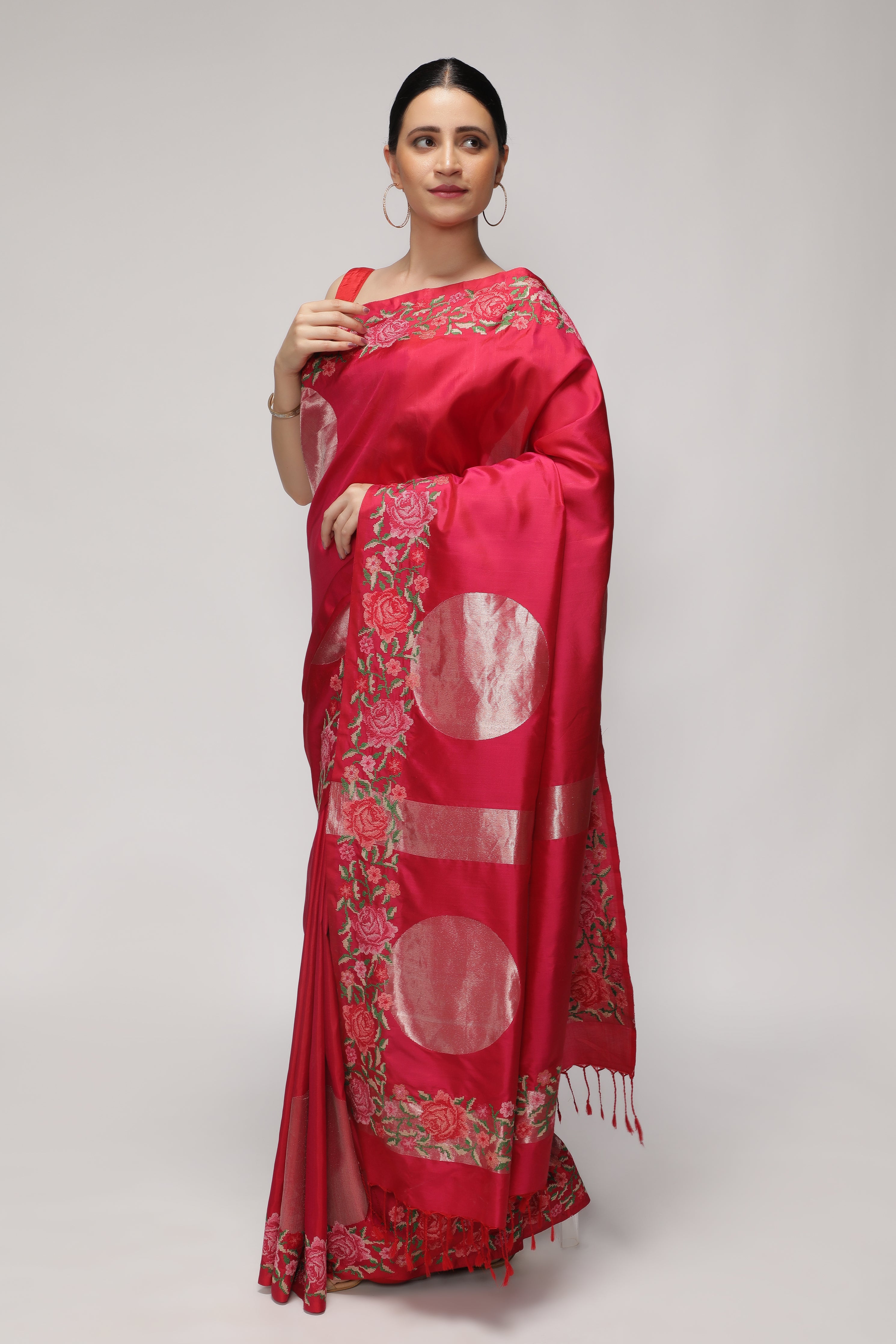 Coral Pink Soft Silk Saree with Zari Circle Weave & Embroidered Border